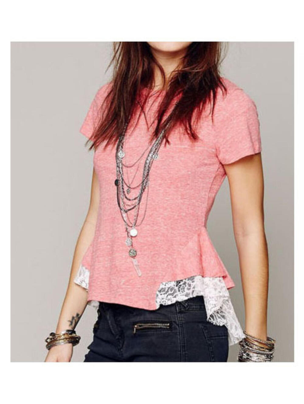Free People Tulip Lace Peplum Tee Pink Salmon with White Lace Detail Size Large